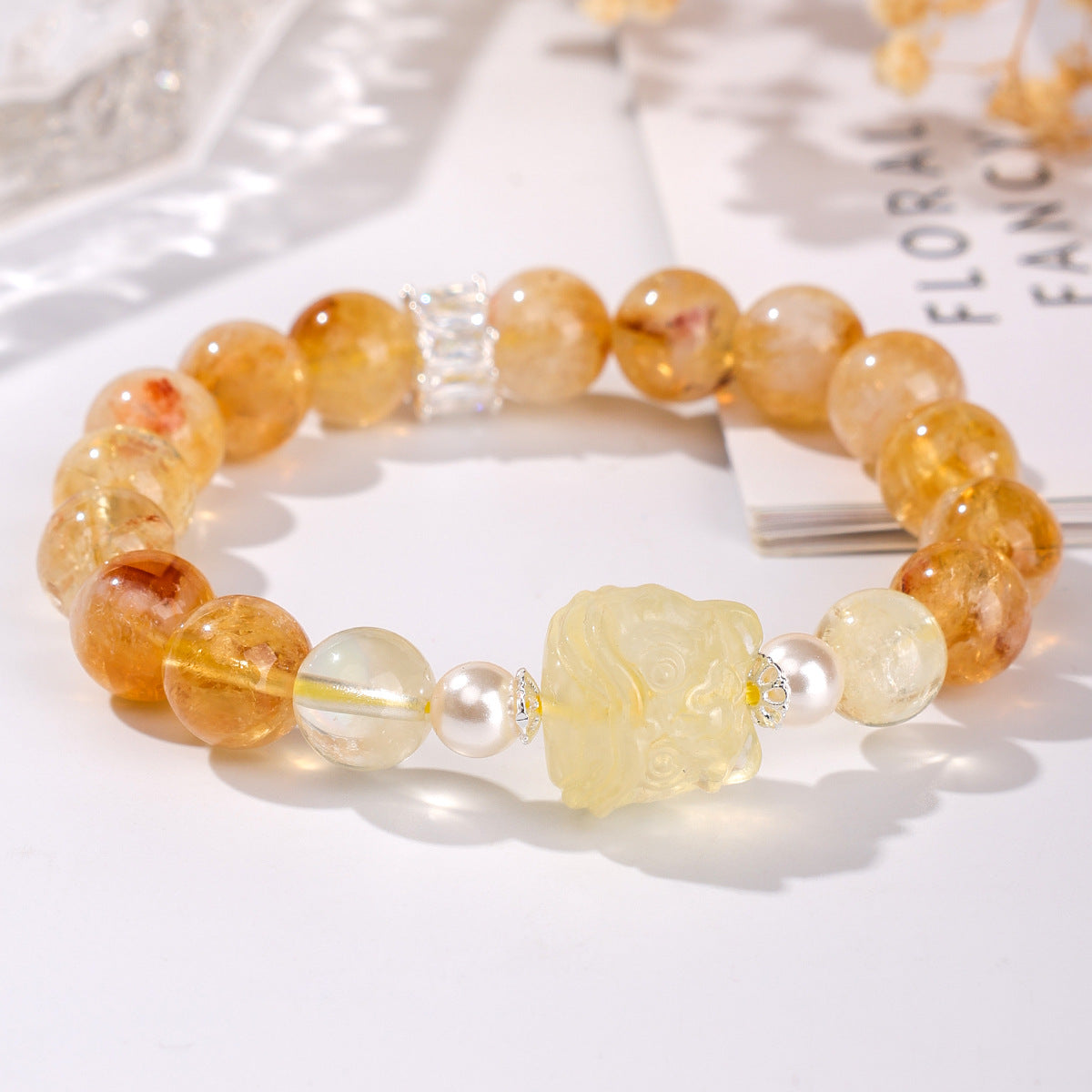 Golden Fortune Citrine Bracelet · Vintage Chinese Guardian Lion Design-Handmade