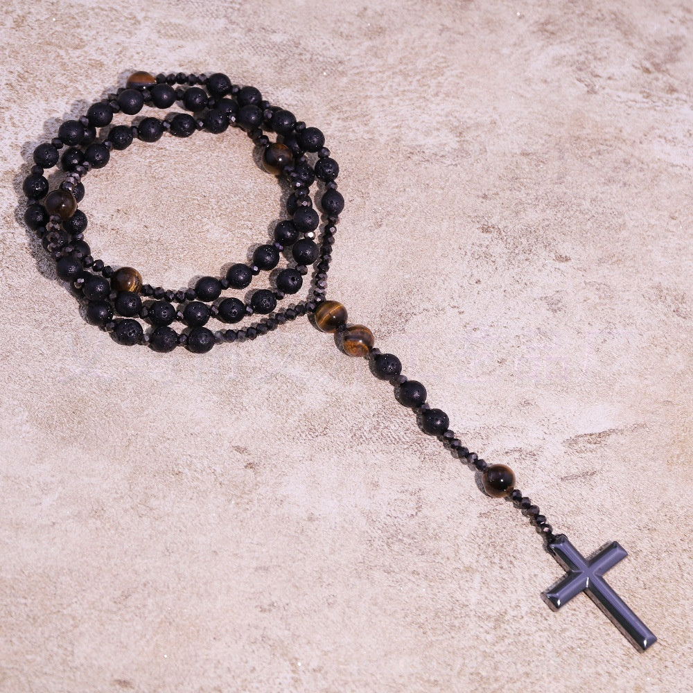 Natural Obsidian, Tiger Eye, African Turquoise, Hematite & Black Onyx Cross Pendant Necklace