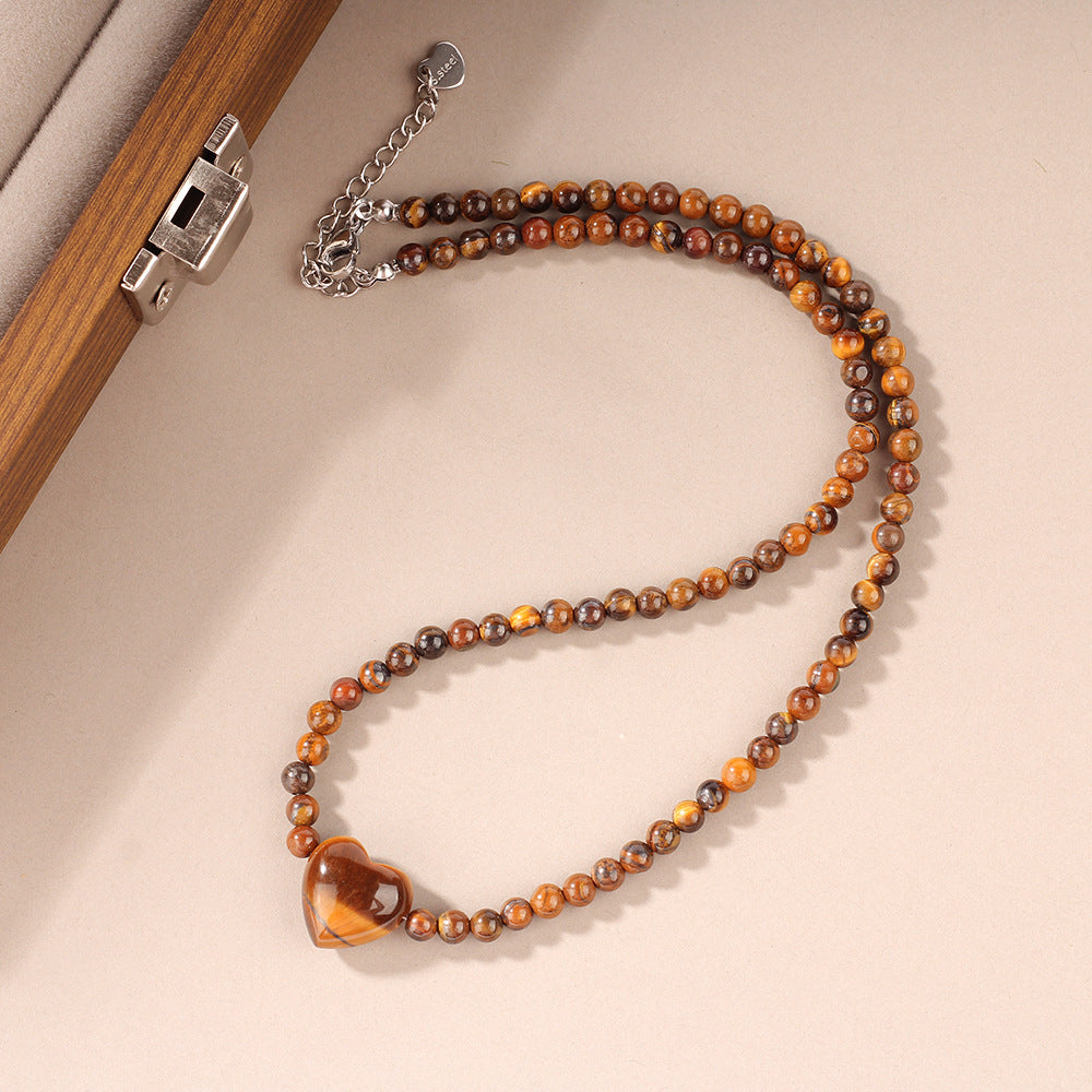 Heart Gemstone Quartet Necklace – Rose Quartz, Tiger Eye, Blue Lace Agate & Amethyst