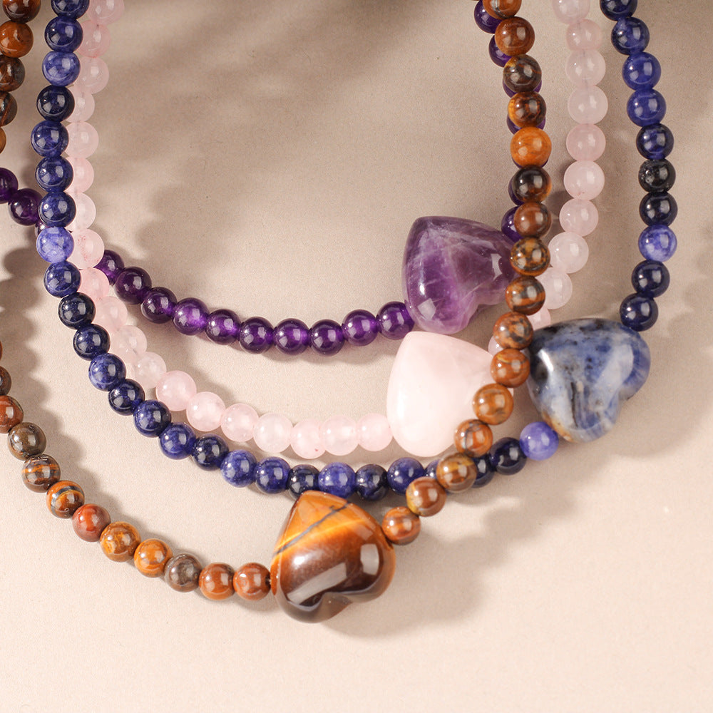 Heart Gemstone Quartet Necklace – Rose Quartz, Tiger Eye, Blue Lace Agate & Amethyst
