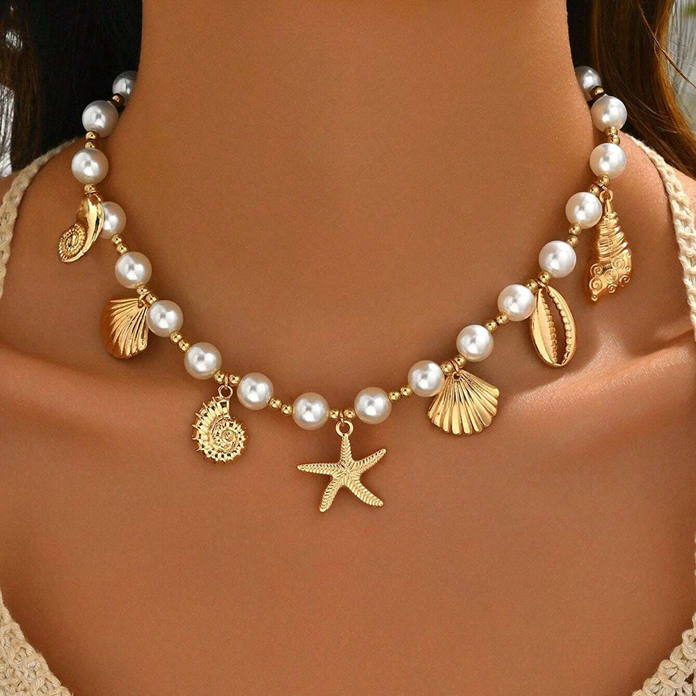 Ocean Soul Necklace – Pearl-Inspired Pendant with Starfish & Turtle Charms