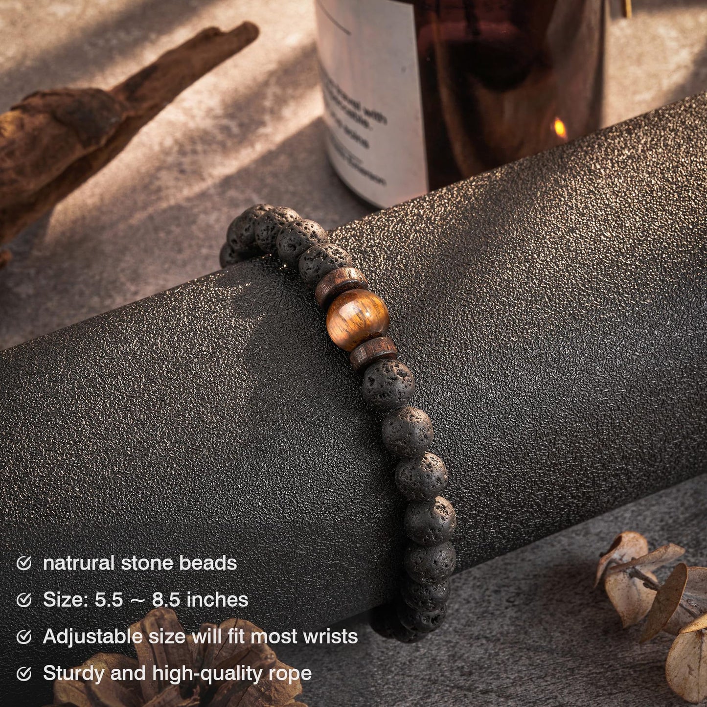 Natural Stone Bracelet for Men - Black Matte Tiger Eye & Lava Bead Skull Bracelet