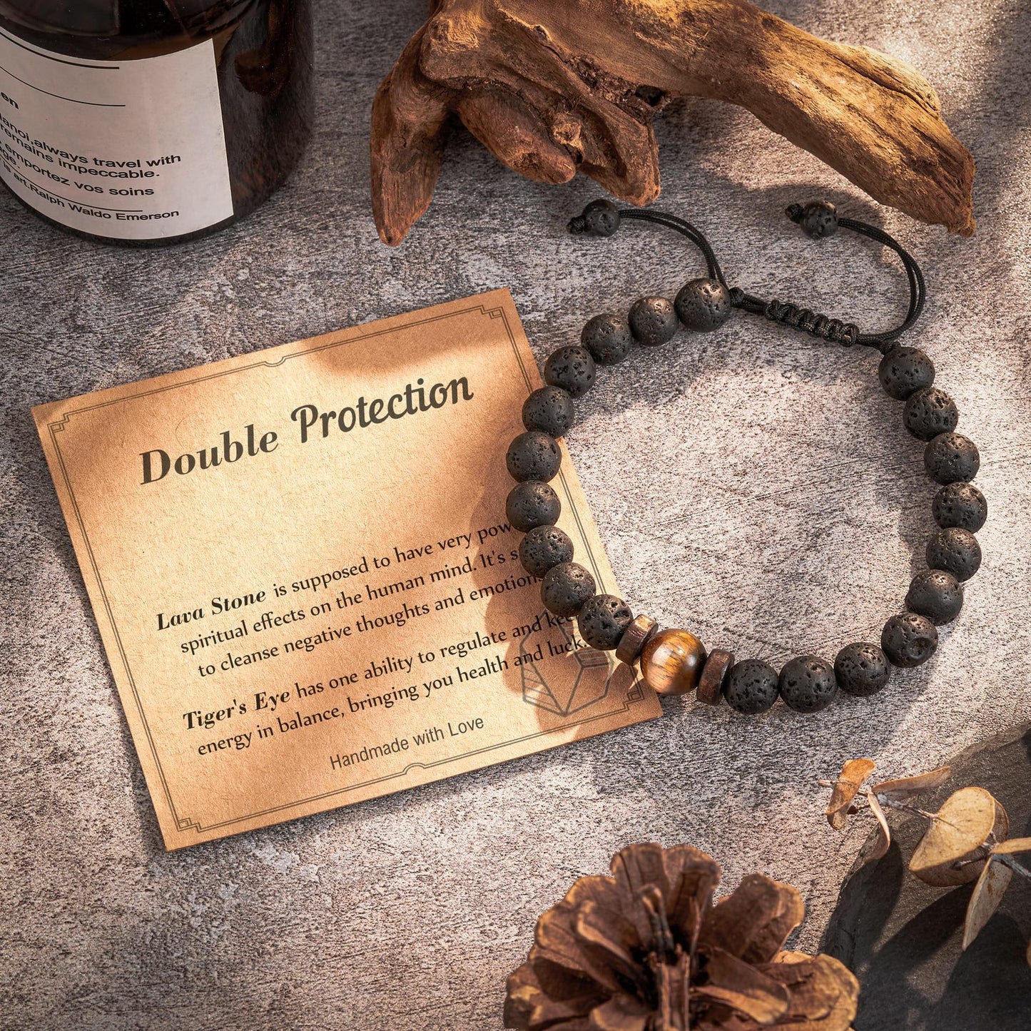 Natural Stone Bracelet for Men - Black Matte Tiger Eye & Lava Bead Skull Bracelet