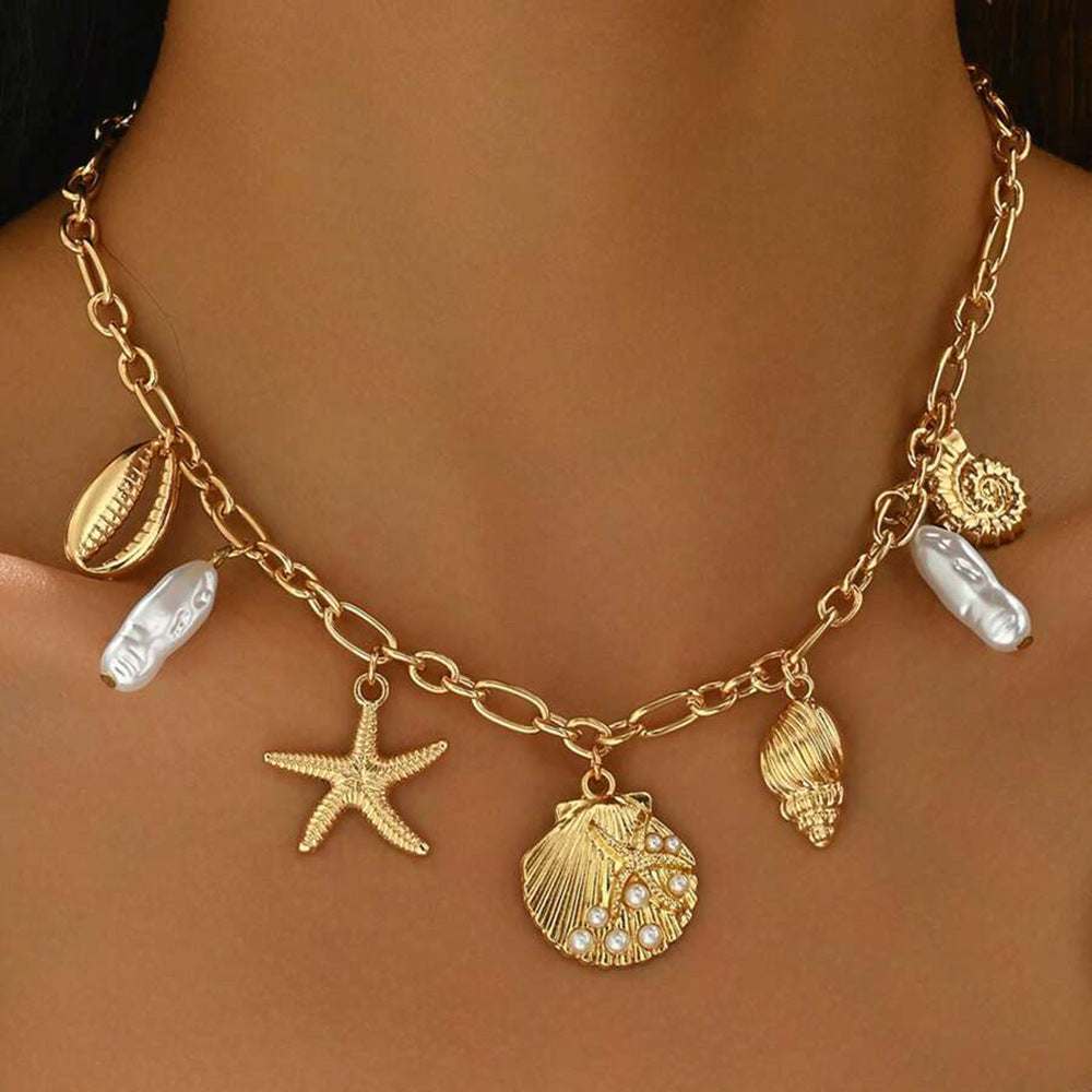 Ocean Soul Necklace – Pearl-Inspired Pendant with Starfish & Turtle Charms