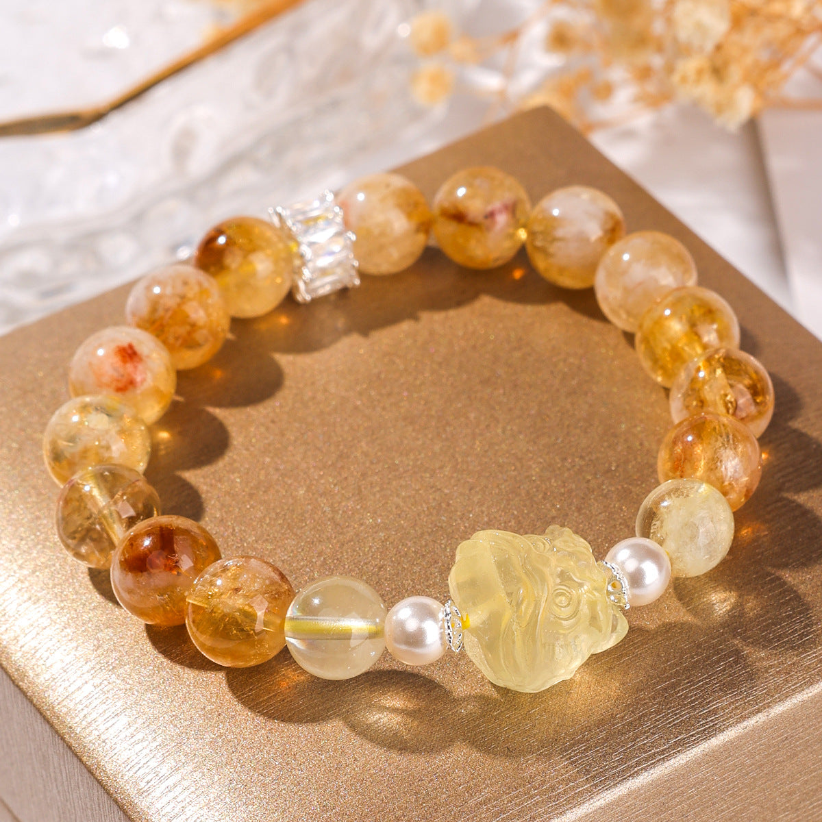 Golden Fortune Citrine Bracelet · Vintage Chinese Guardian Lion Design-Handmade