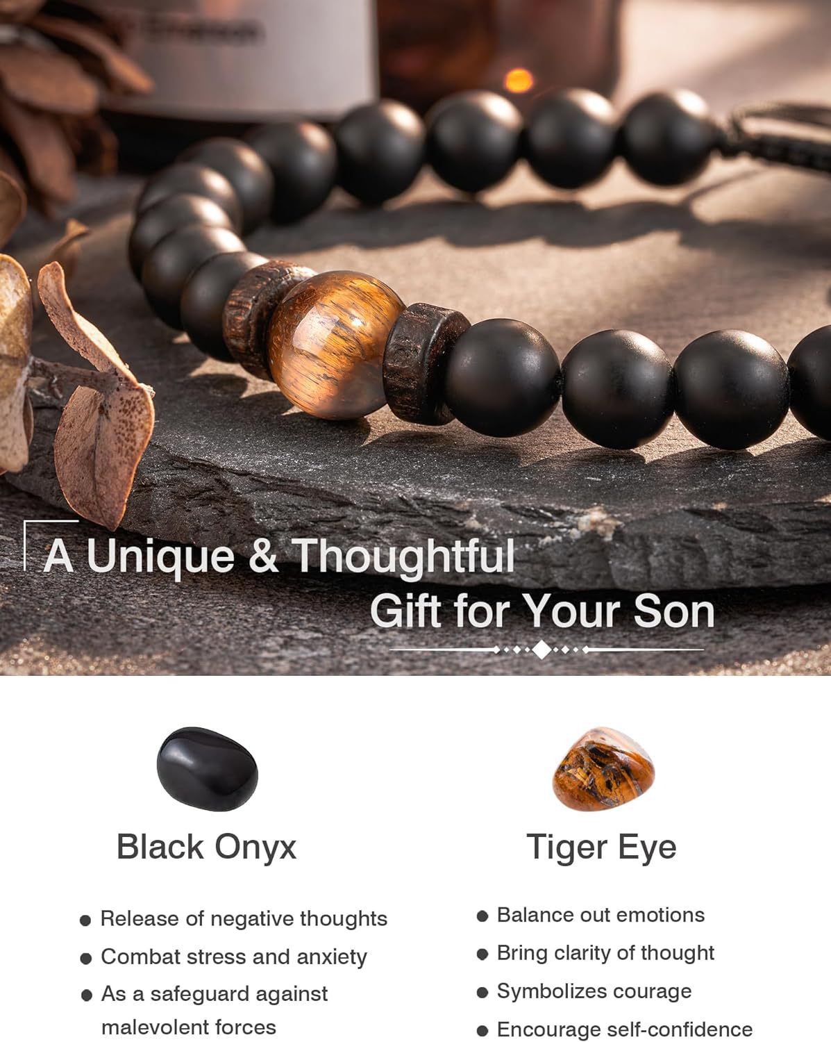 Natural Stone Bracelet for Men - Black Matte Tiger Eye & Lava Bead Skull Bracelet