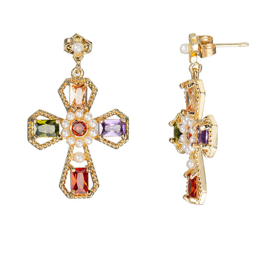 Gold Cross Drop Earrings – Multicolor Zircon Statement Jewelry for Women