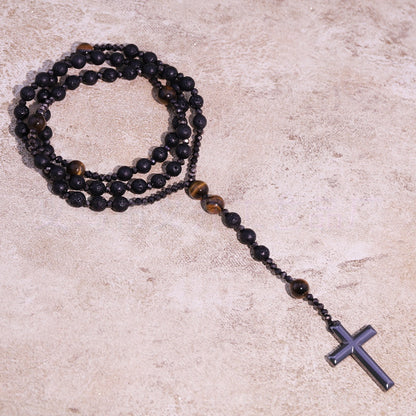 Natural Obsidian, Tiger Eye, African Turquoise, Hematite & Black Onyx Cross Pendant Necklace