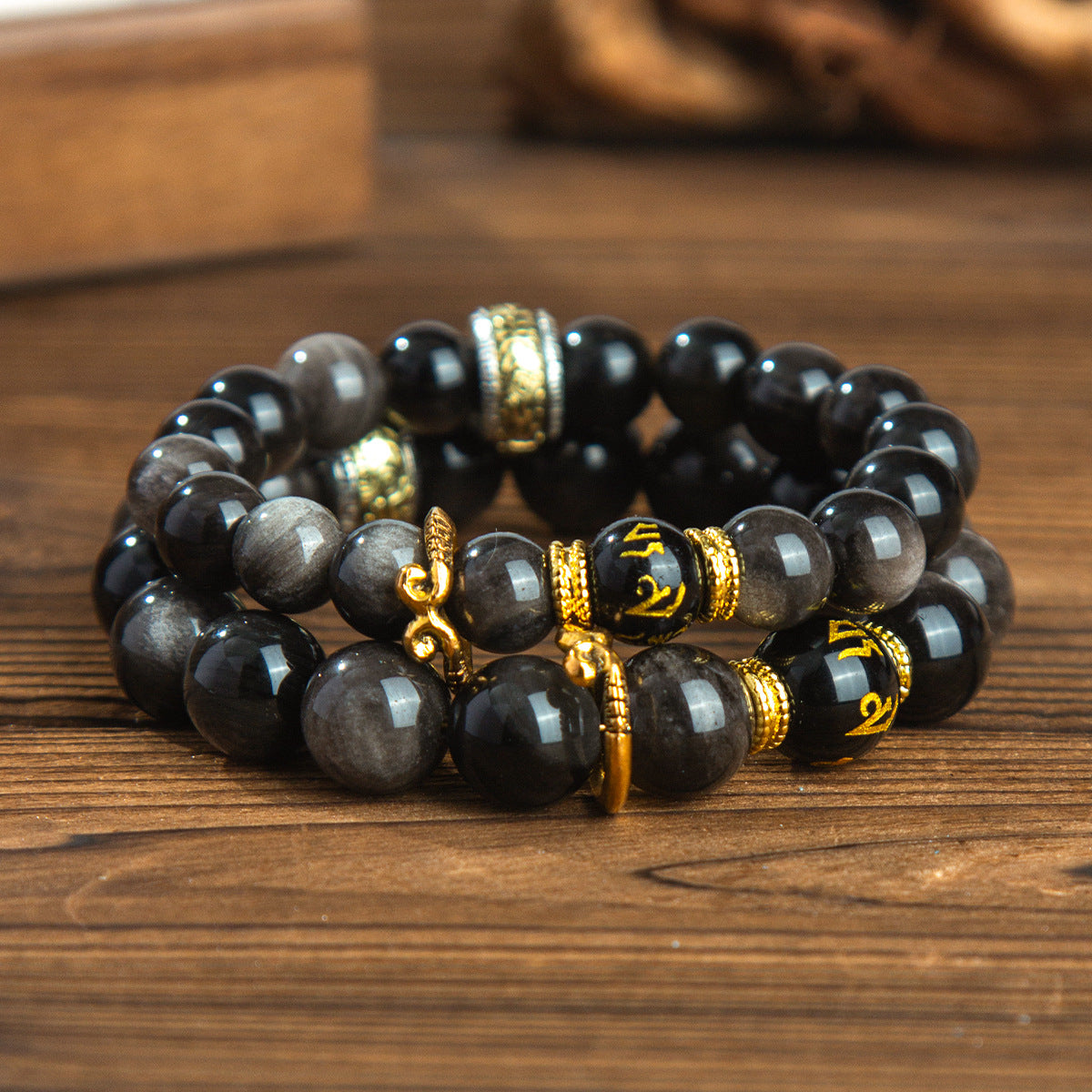 Wukong Silver Sheen Obsidian Bracelet · Mantra Energy Beads for Couples