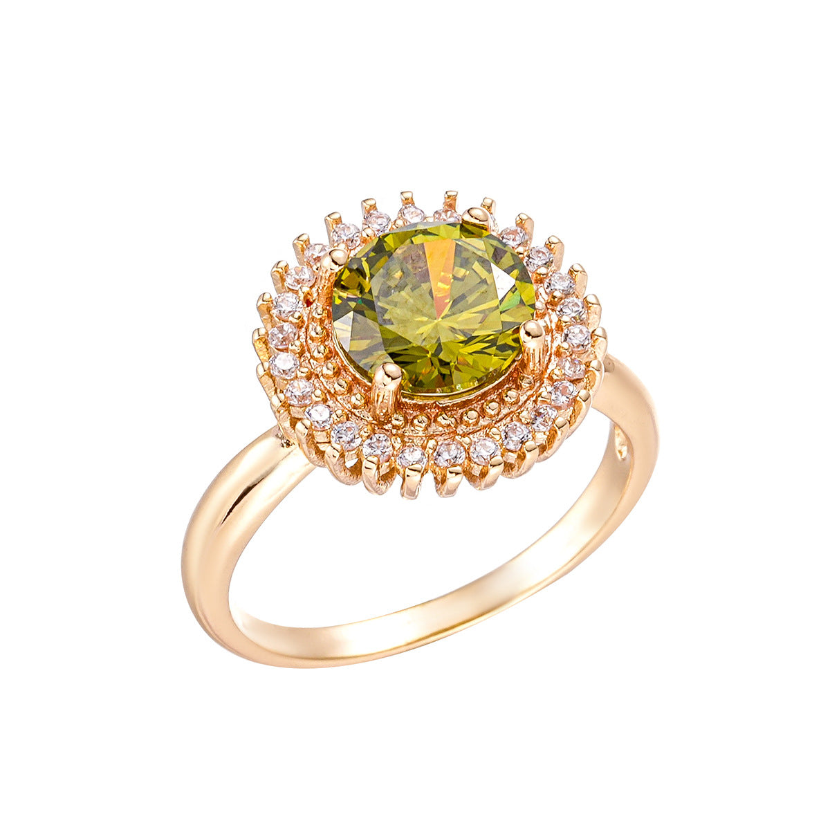 Olive Green Zircon Statement Ring – Gold Plated, Mystical Energy Jewelry