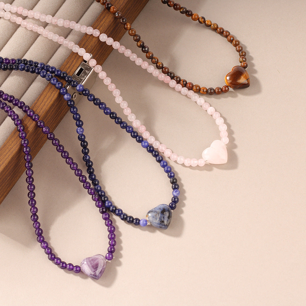 Heart Gemstone Quartet Necklace – Rose Quartz, Tiger Eye, Blue Lace Agate & Amethyst