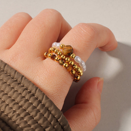 Sunlit Soul – 3-Piece Natural Red Agate & Pearl Stretch Ring Set