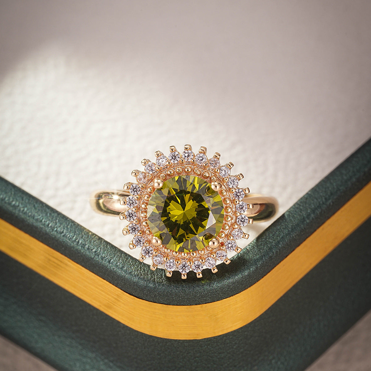 Olive Green Zircon Statement Ring – Gold Plated, Mystical Energy Jewelry