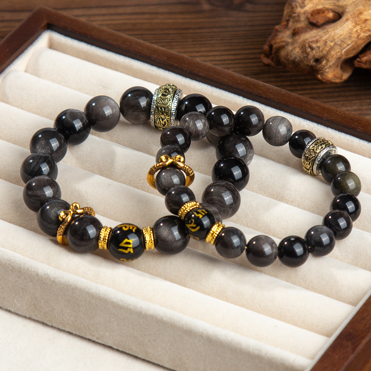 Wukong Silver Sheen Obsidian Bracelet · Mantra Energy Beads for Couples