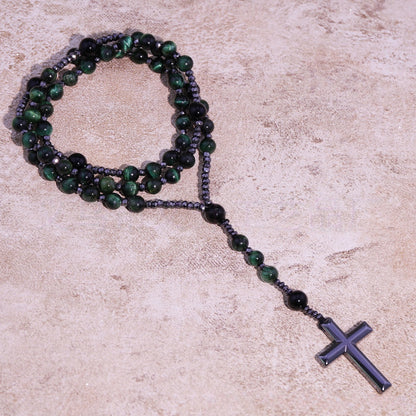 Natural Obsidian, Tiger Eye, African Turquoise, Hematite & Black Onyx Cross Pendant Necklace