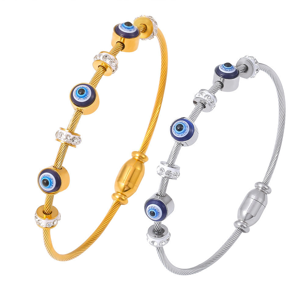 Evil Eye Drip Enamel Luxury Bracelet – Zircon Inlaid Titanium Steel Bangle