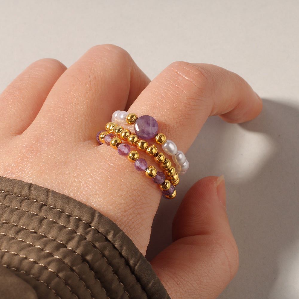 Sunlit Soul – 3-Piece Natural Red Agate & Pearl Stretch Ring Set