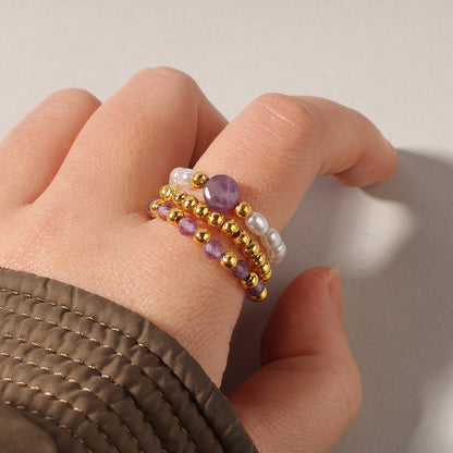 Sunlit Soul – 3-Piece Natural Red Agate & Pearl Stretch Ring Set