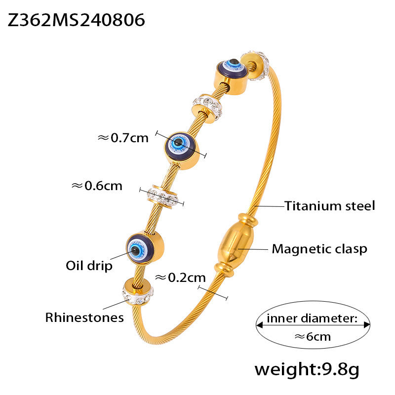 Evil Eye Drip Enamel Luxury Bracelet – Zircon Inlaid Titanium Steel Bangle