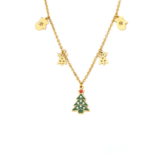 Mystic Christmas Green Enamel Pendant – Zircon Inlaid Stainless Steel Charm with Tree, Glove & Reindeer