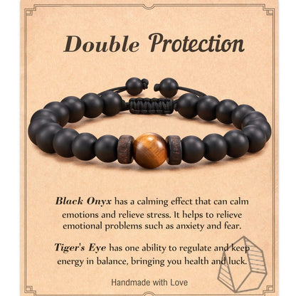 Natural Stone Bracelet for Men - Black Matte Tiger Eye & Lava Bead Skull Bracelet