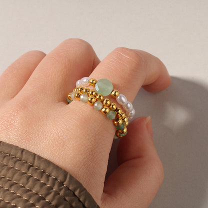 Sunlit Soul – 3-Piece Natural Red Agate & Pearl Stretch Ring Set