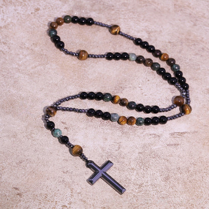 Natural Obsidian, Tiger Eye, African Turquoise, Hematite & Black Onyx Cross Pendant Necklace