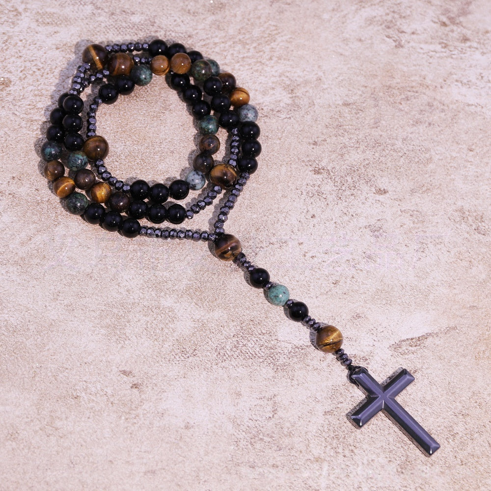 Natural Obsidian, Tiger Eye, African Turquoise, Hematite & Black Onyx Cross Pendant Necklace
