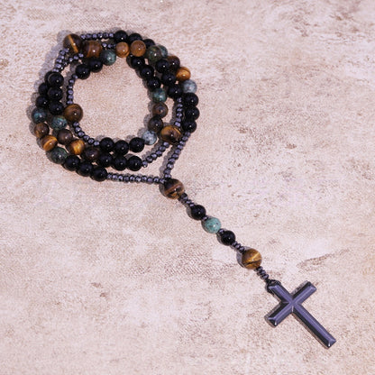 Natural Obsidian, Tiger Eye, African Turquoise, Hematite & Black Onyx Cross Pendant Necklace