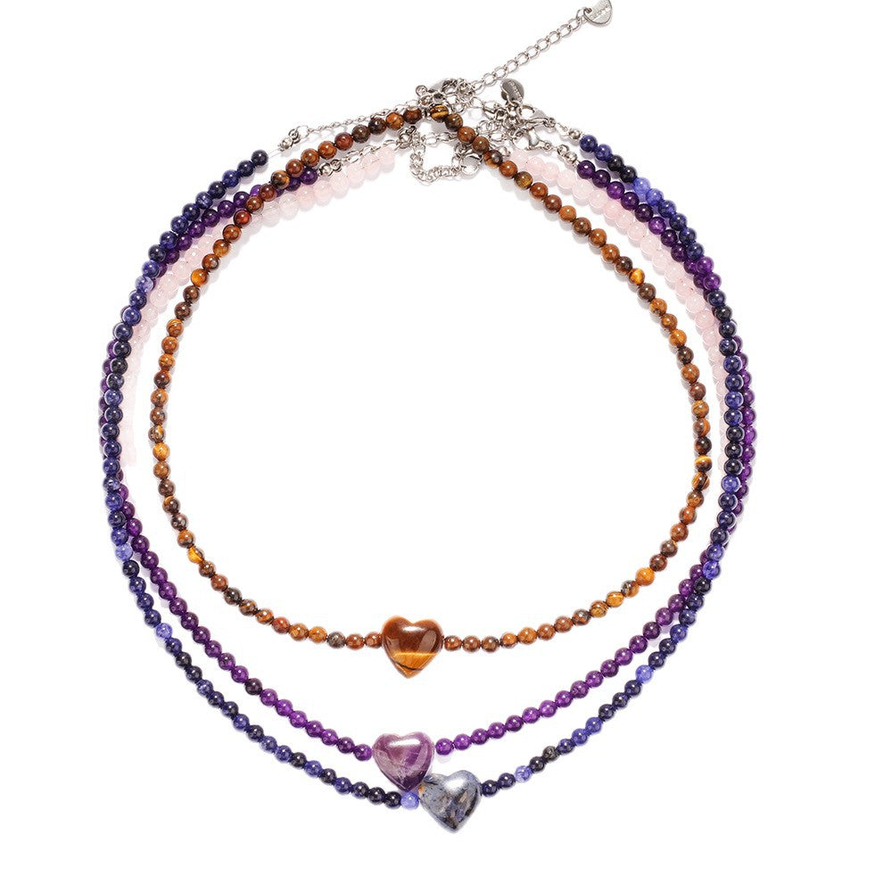 Heart Gemstone Quartet Necklace – Rose Quartz, Tiger Eye, Blue Lace Agate & Amethyst