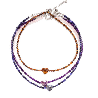 Heart Gemstone Quartet Necklace – Rose Quartz, Tiger Eye, Blue Lace Agate & Amethyst