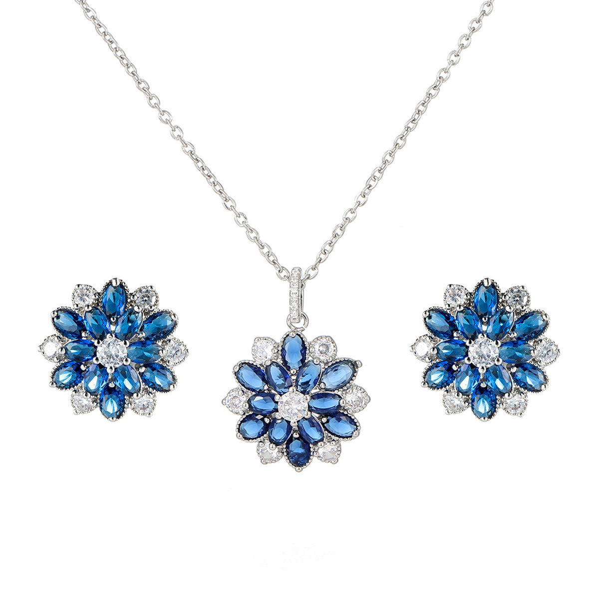 Zircon Flower Jewelry Set – No Piercing Clip-On Earrings & Pendant Necklace