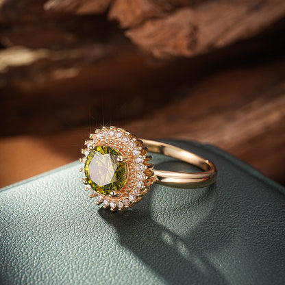 Olive Green Zircon Statement Ring – Gold Plated, Mystical Energy Jewelry