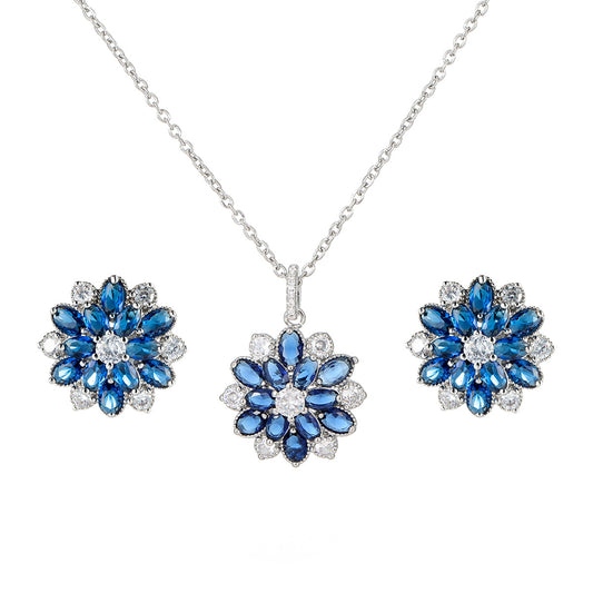 Zircon Flower Jewelry Set – No Piercing Clip-On Earrings & Pendant Necklace