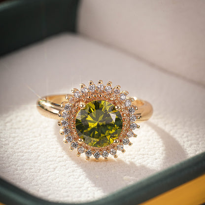 Olive Green Zircon Statement Ring – Gold Plated, Mystical Energy Jewelry