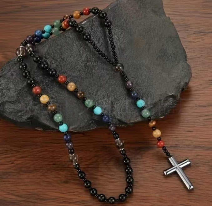 Natural Obsidian, Tiger Eye, African Turquoise, Hematite & Black Onyx Cross Pendant Necklace