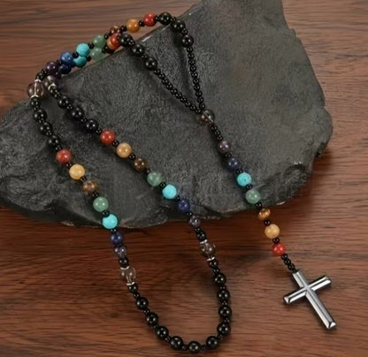 Natural Obsidian, Tiger Eye, African Turquoise, Hematite & Black Onyx Cross Pendant Necklace