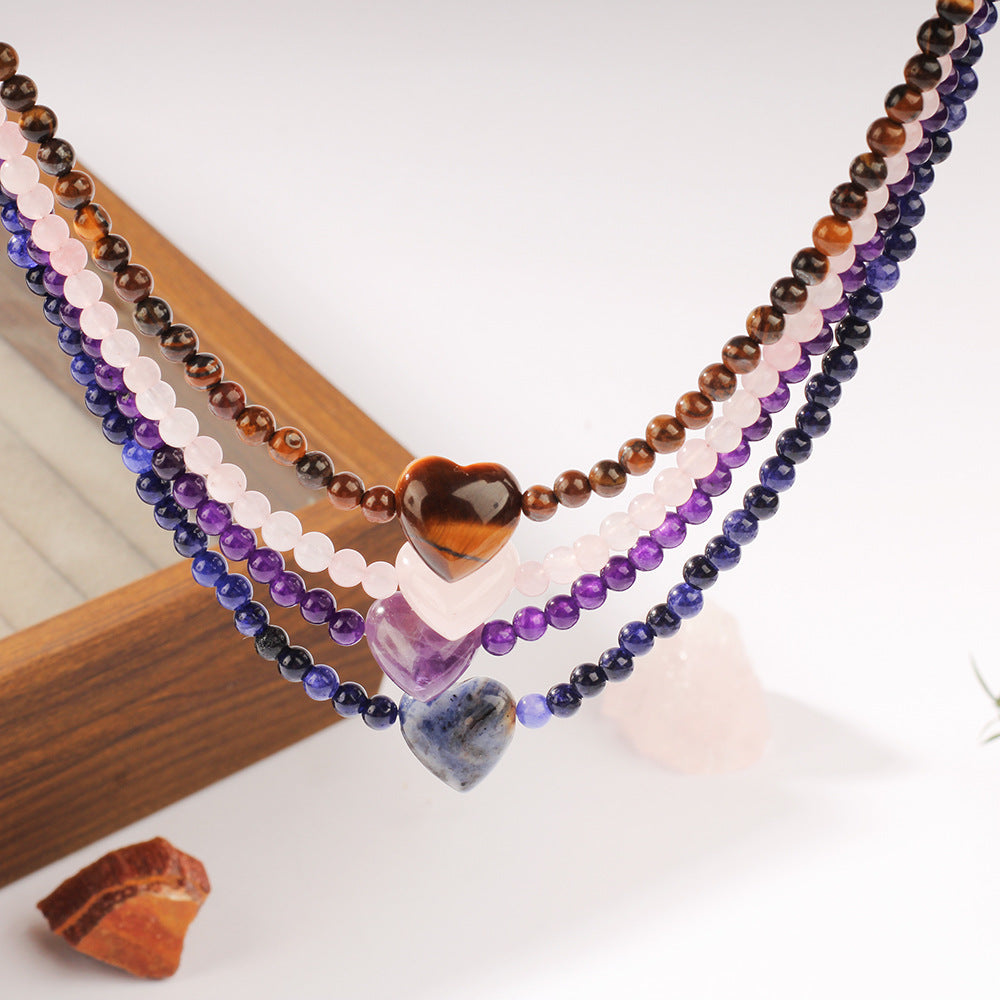 Heart Gemstone Quartet Necklace – Rose Quartz, Tiger Eye, Blue Lace Agate & Amethyst