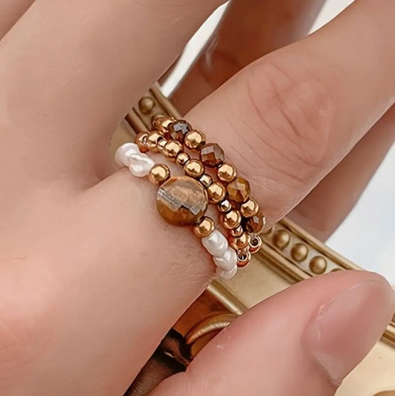 Sunlit Soul – 3-Piece Natural Red Agate & Pearl Stretch Ring Set