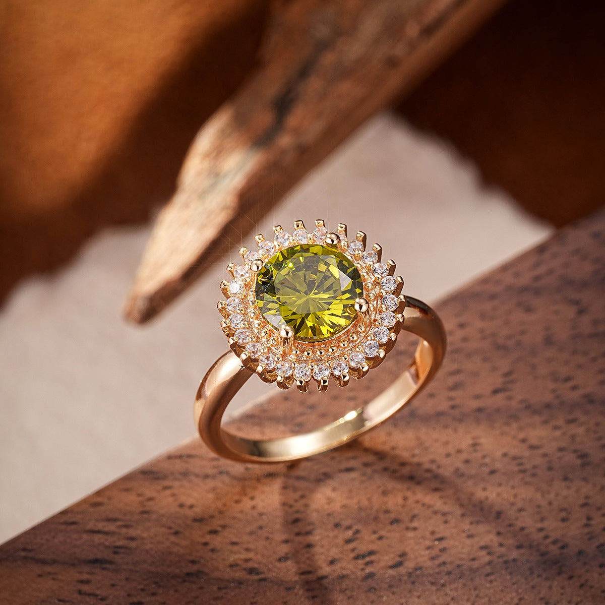 Olive Green Zircon Statement Ring – Gold Plated, Mystical Energy Jewelry