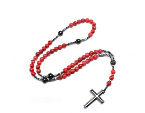 Natural Obsidian, Tiger Eye, African Turquoise, Hematite & Black Onyx Cross Pendant Necklace