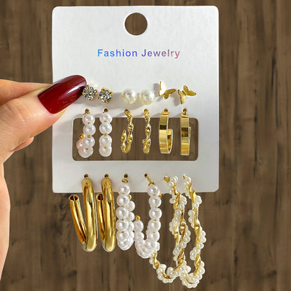 Elegance in Nine – Pearl & Butterfly Stud Earrings Set