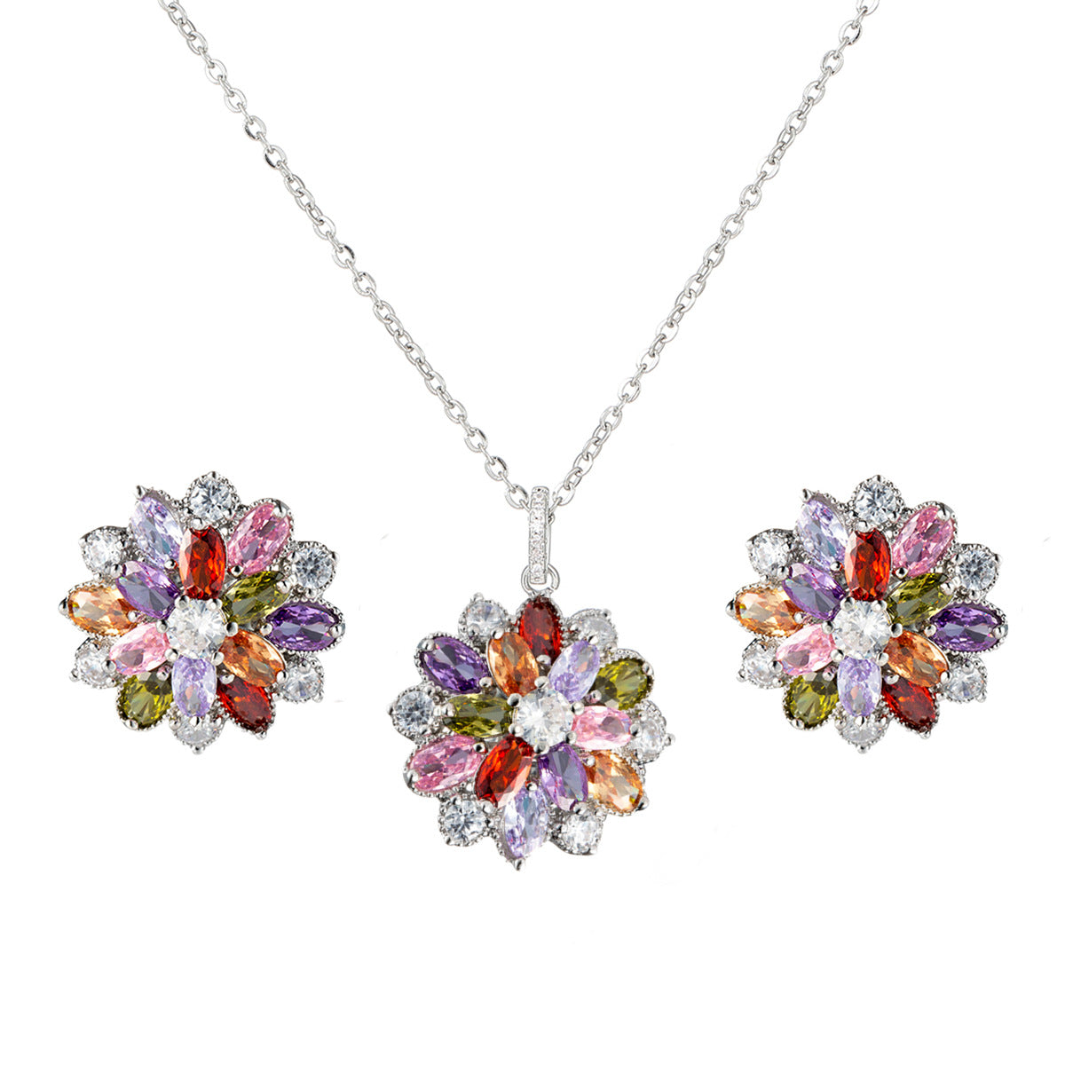 Floral Charm – Clip-On Earrings & Zircon Pendant Set (No Piercing Needed)