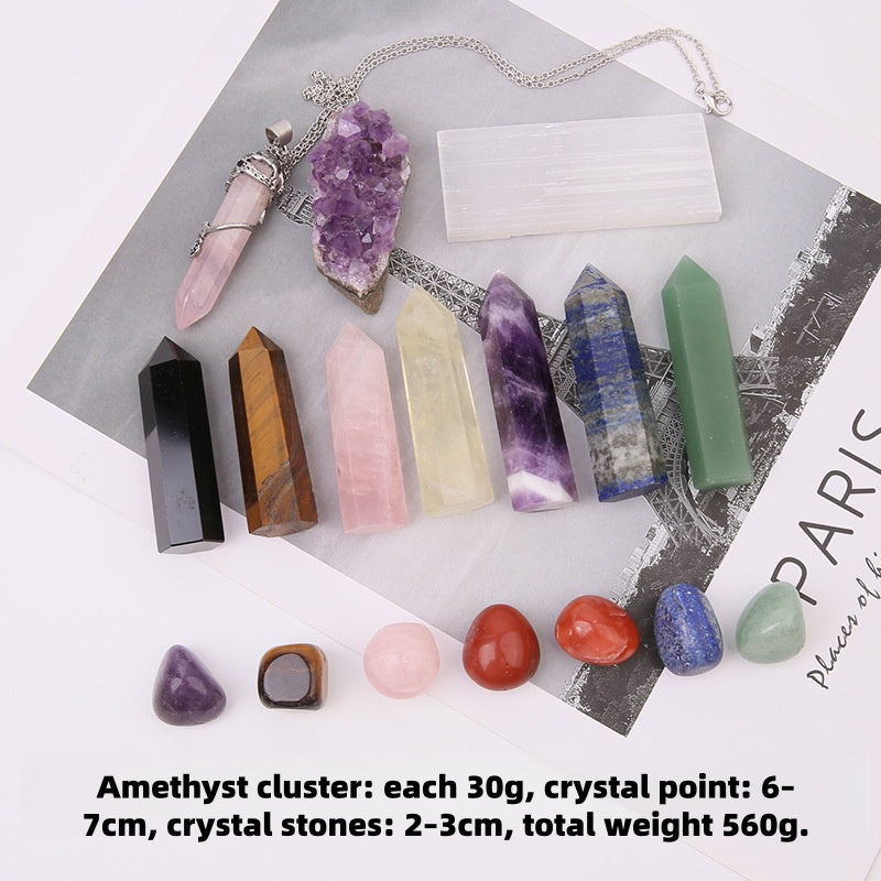 Seven Chakra Crystal Point with Amethyst Cluster Healing Gift Set