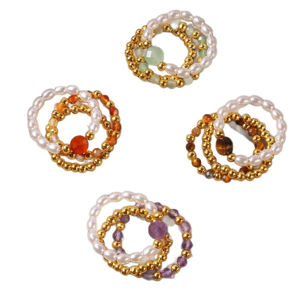Sunlit Soul – 3-Piece Natural Red Agate & Pearl Stretch Ring Set