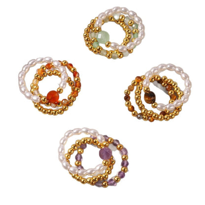 Sunlit Soul – 3-Piece Natural Red Agate & Pearl Stretch Ring Set