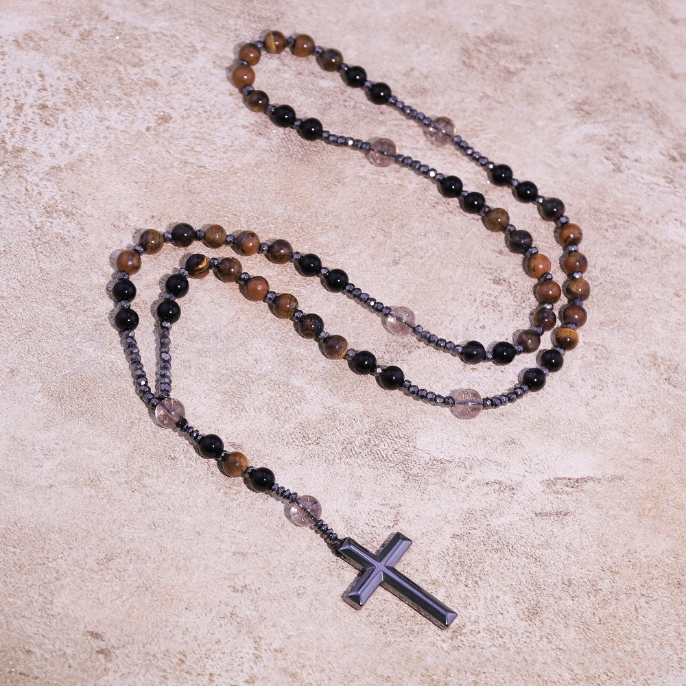 Natural Obsidian, Tiger Eye, African Turquoise, Hematite & Black Onyx Cross Pendant Necklace