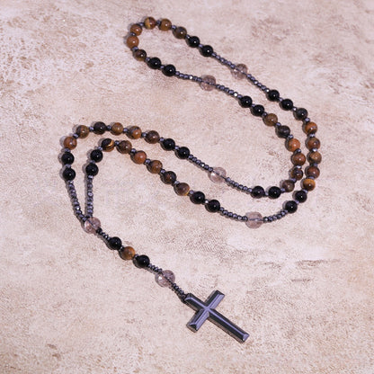 Natural Obsidian, Tiger Eye, African Turquoise, Hematite & Black Onyx Cross Pendant Necklace