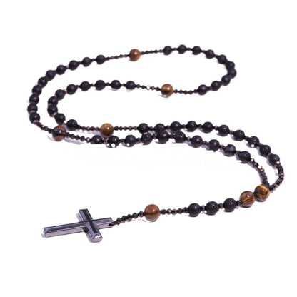 Natural Obsidian, Tiger Eye, African Turquoise, Hematite & Black Onyx Cross Pendant Necklace