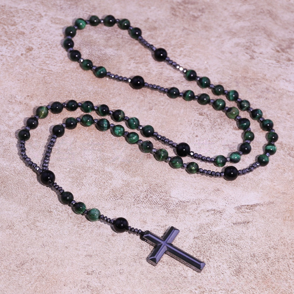 Natural Obsidian, Tiger Eye, African Turquoise, Hematite & Black Onyx Cross Pendant Necklace